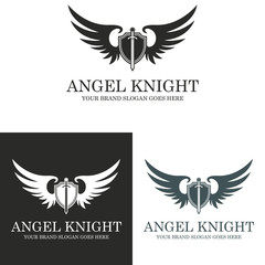 Angel knight. Knight logo. Sword and shield illustration. 