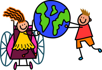 Happy cartoon stick children holding a world globe.