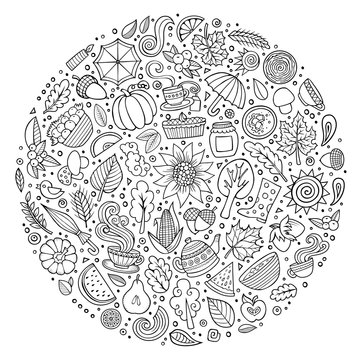 Vector doodle cartoon set of Autumn objects