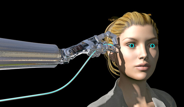 Illustration of robot hand plugging data cable to a young woman with glowing blue irises. Human to AI neural lace interface. Depicting integration and evolution of humanity and technology.