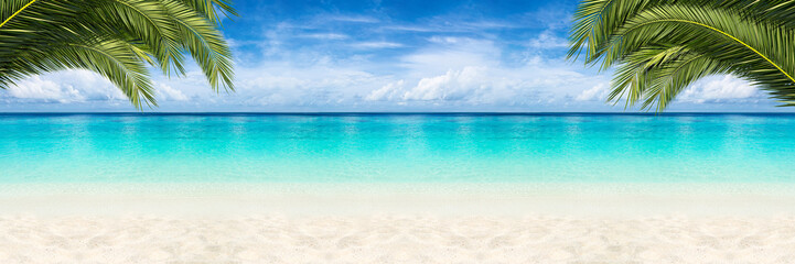 Fototapety  palmy kokosowe tropikalny raj plaża tło z turkusową wodą i błękitnym niebem / Paradies Traumstrand tło z palmami i błękitnym niebem