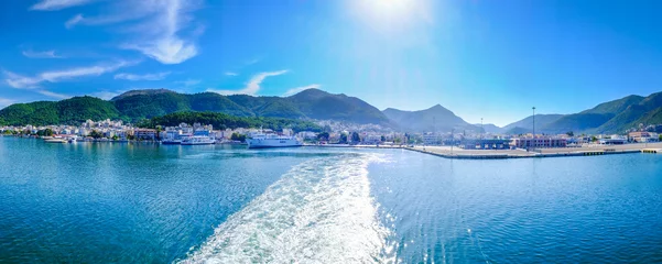 Gordijnen Greece ferryboat harbour panoramic shot. Artistic HDR image. © Calin Stan