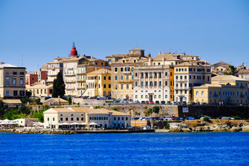 Panorama Corfu town from the sea. Old town buildings of Kerkyra
