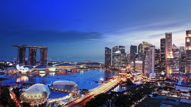 Singapore city skyline panoramic view. Downtown financial district at sunset