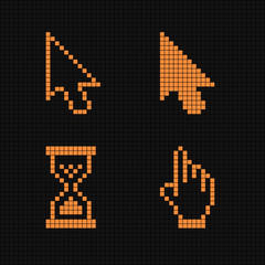 Fototapeta na wymiar Set of orange trendy pixel cursors icons: arrows, hourglass, hand. Isolated on black background. Vector Illustration, eps 8.