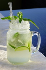 Misted Glass Mason Jar With Mojito Cocktail, Popular Summer Drin