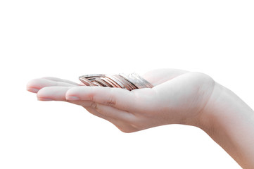 Coins in hands Isolated on white,Donation Investment Fund Financial Support Charity  Dividend Market Growth Home House Stock Trust Wealthy Giving Planned Accounting Collection Debt Banking ROI concept