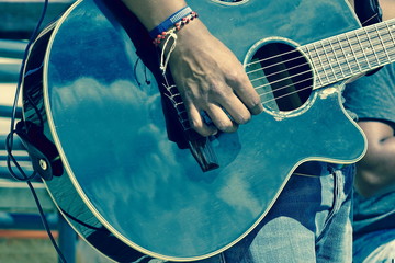 Street Musical Band Play Latin Music,  Close-up Of  Guitarist Ha