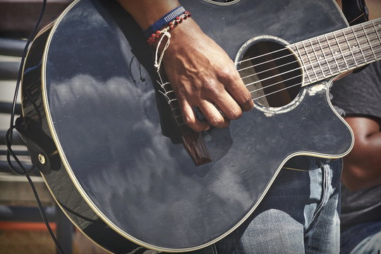 Street Musical Band Play Latin Music,  Close-up Of  Guitarist Ha