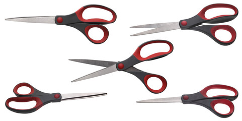 Stationery scissors isolated on white background. Five different types of views. For your design