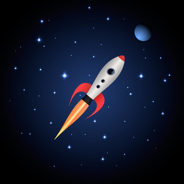 Cartoon rocket spaceship with space background and planets and stars. Vector illustration, eps 10.