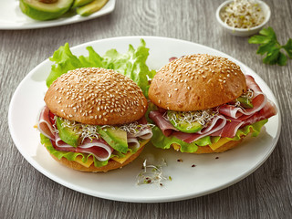 breakfast sandwiches with smoked meat and avocado