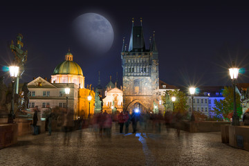 Tourists on the Charles Bridge at Night