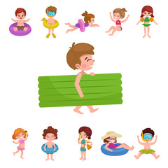 girl and boy in swimsuit isolated, kids summer vacation