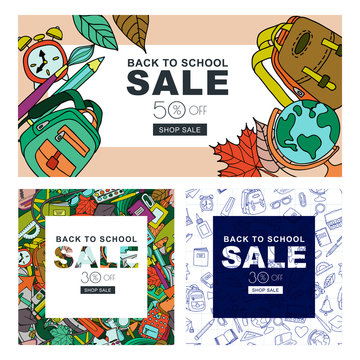 Set of back to school sale banners with backpack, pencil, brush, autumn leaves. Vector banners and flyers. Color doodle education and school supplies. Hand drawn creative design .