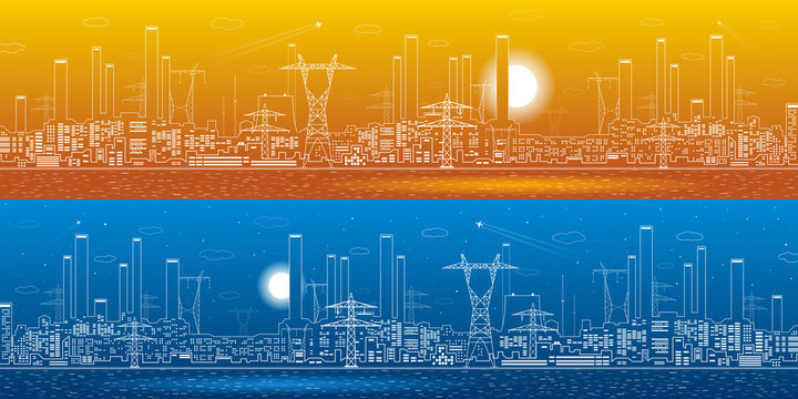 Power plant on the water, electricity lines, energy and industrial panoramic, infrastructure, vector design art