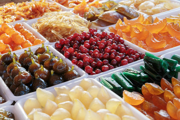 fruit cooked in sugar syrup in stores