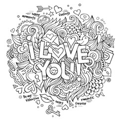 I Love You hand lettering and doodles elements