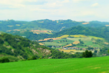 Fototapeta na wymiar The Valmarecchia landscape, Italy. Tilt-shift effect applied.