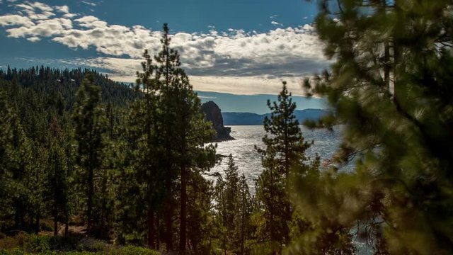 Time Lapse looking through the trees at Lake Tahoe with clouds overhead.