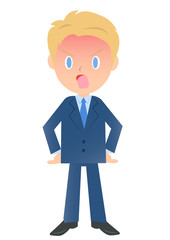 少し怒るビジネスマン、男性会社員のイラスト素材、三頭身