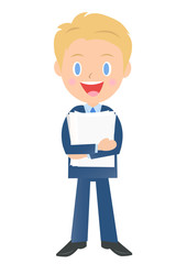 書類を抱えるビジネスマン、男性会社員のイラスト素材、三頭身 