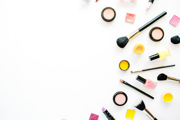 Fototapeta na wymiar flat lay female cosmetics collage with lipstick, brush on white background. top view set
