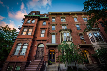 Houses on Bunker Hill at sunset, in Charlestown, Boston, Massach
