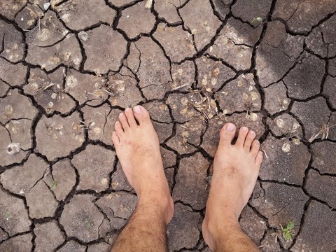 foot on crack soil in dry season