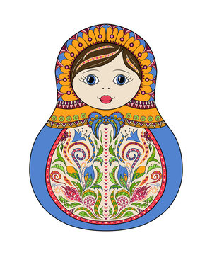 Vector russian folk ornamental matrioshka doll. Hand drawn zentangle with floral and ethnic ornaments