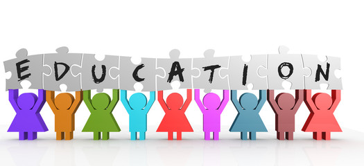 Nine people hold puzzle with education word