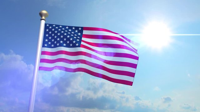 USA US American Flag Medium Shot Waving Against Blue Sky CG Flare 4K
