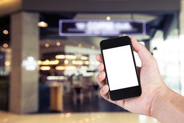 Person using smartphone white screen holder on hand with blurry