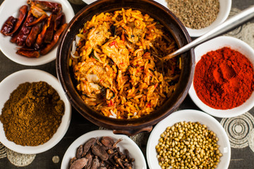 Hot byriani in pot with meat