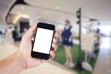 Person using smartphone white screen holder on hand with blurry