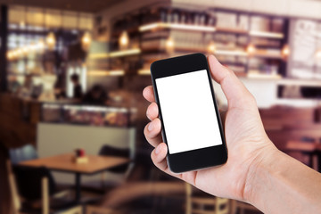 Person using smartphone white screen holder on hand with blurry