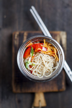 Asian Glass Noodle Soup With Vegetables In Bowl