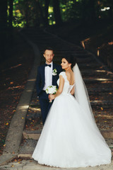 Bride and groom stand on the stairs in the park