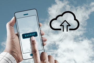 Finger Touch a Screen with Cloud Storage Icon, Cloud Services with Smartphone concept