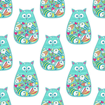 Cat and fish.Vector seamless pattern with hand drawn cat with fish in stomach. Doodle cat for kids design. Cute kitten. Pink, yellow, green and white colors.