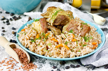 Devzira pilaf with lamb and spices, traditional Uzbek cuisine