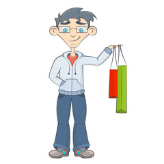 Man with shopping bags. Teenager keeps purchases