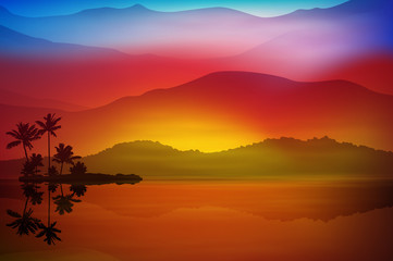 Background with sea and palm trees. Sunset time.