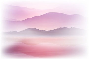 Background with sea and mountain. Sunset time.