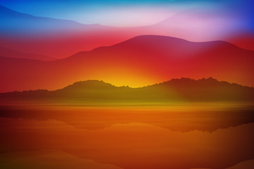 Background with sea and mountain. Sunset time.