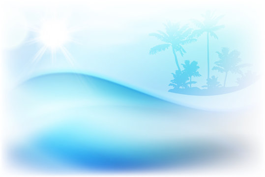 Water wave and island with palm trees