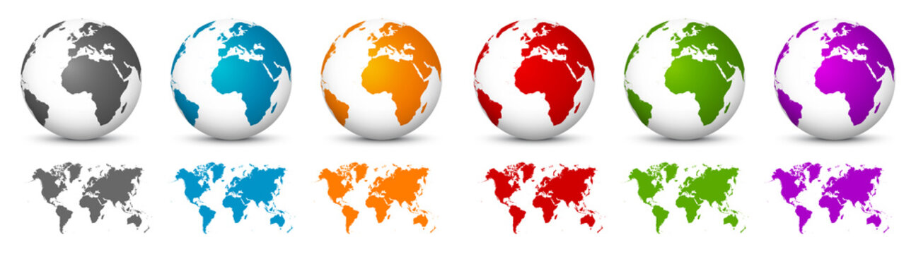 White 3D Vector Globes with World Maps in Same Color. Planet Earth Collection with Colorful Continents