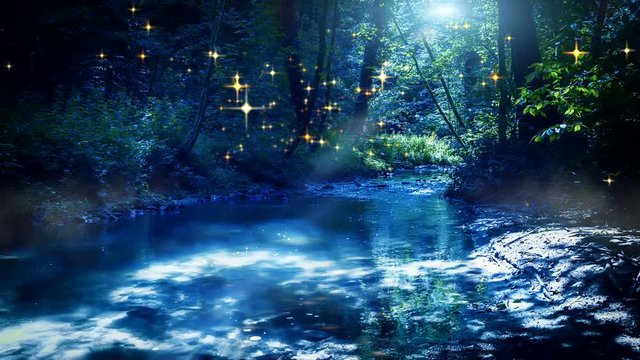 Landscape with fairy forest stream and fireflies on moon night. Nature background. 4K