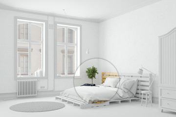 Schlafzimmer in weiß mit Palettenbett