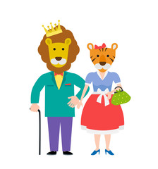couple fashion man and woman with animals heads lion tiger isolated on white background